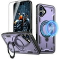 thumbnail image 1 of Elehold Magnetic for iPhone 16 Case Compatible with MagSafe,Rotating Foldable Invisible Stand Military Dropproof Rugged Case with Tempered Glass Screen Protector for iPhone 16,Purple, 1 of 6