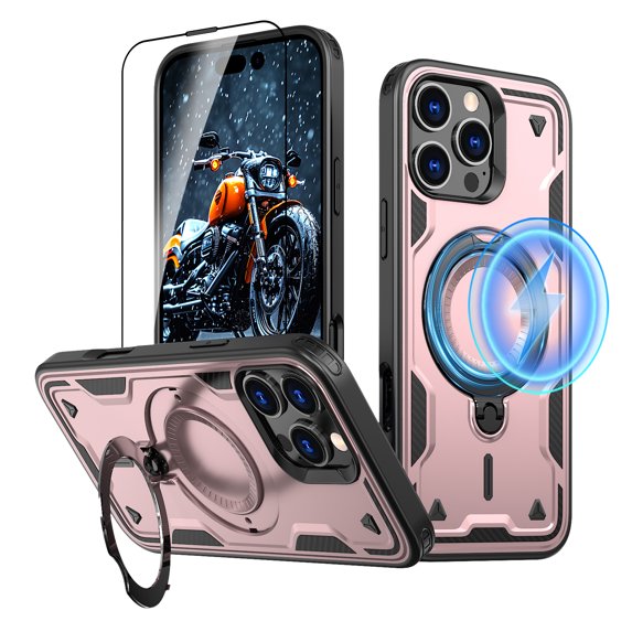 Elehold Magnetic for iPhone 16 Pro Case Compatible with MagSafe,Rotating Foldable Invisible Stand Military Dropproof Rugged Case with Tempered Glass Screen Protector for iPhone 16 Pro,Rosegold