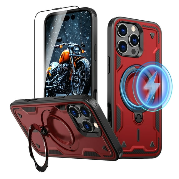 Elehold Magnetic for iPhone 16 Pro Case Compatible with MagSafe,Rotating Foldable Invisible Stand Military Dropproof Rugged Case with Tempered Glass Screen Protector for iPhone 16 Pro,Red