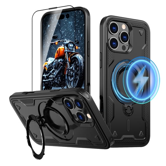 Elehold Magnetic for iPhone 16 Pro Case Compatible with MagSafe,Rotating Foldable Invisible Stand Military Dropproof Rugged Case with Tempered Glass Screen Protector for iPhone 16 Pro,Black