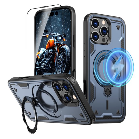 Elehold Magnetic for iPhone 16 Pro Case Compatible with MagSafe,Rotating Foldable Invisible Stand Military Dropproof Rugged Case with Tempered Glass Screen Protector for iPhone 16 Pro,Blue