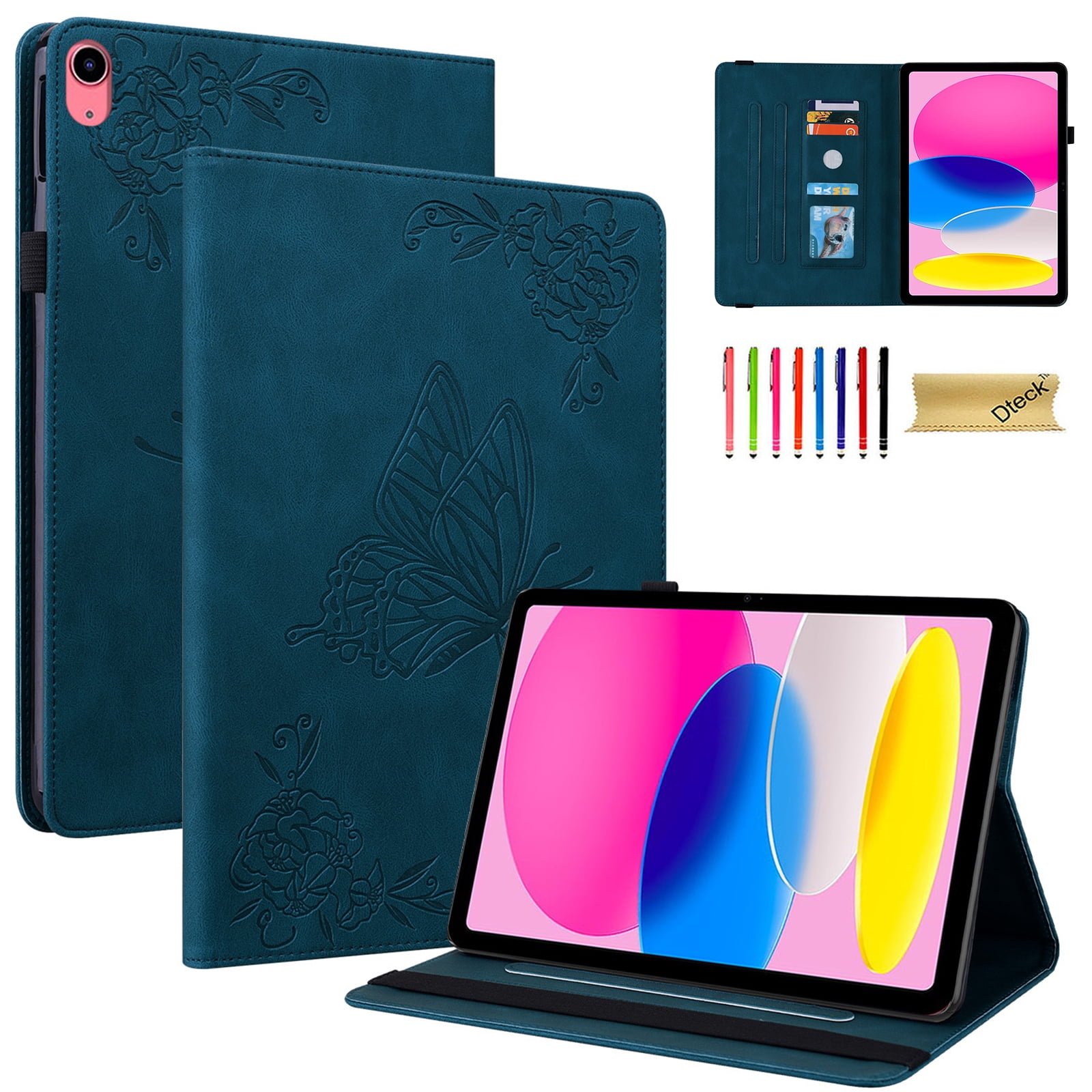 Elehold PU Leather Folio Case for Apple iPad (10th generation), Embossed Butterfly Leather Ultra Slim Kickstand Case with Auto Wake/Sleep Card Slots Pencil Holder Case,Blue