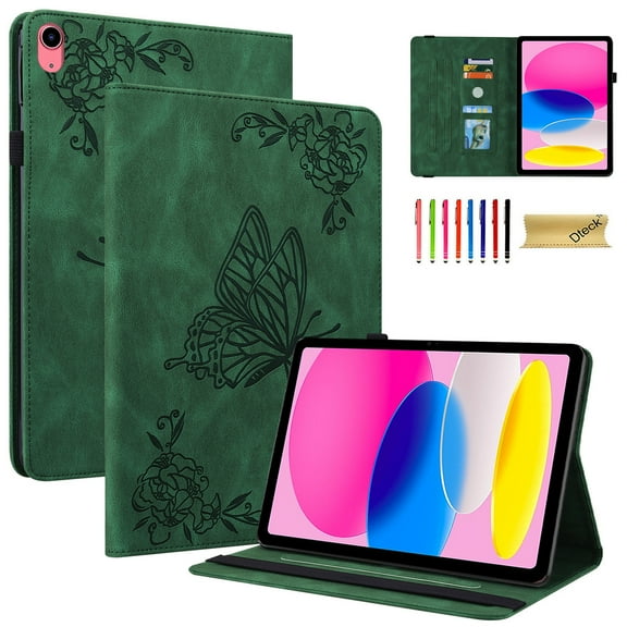 Elehold PU Leather Folio Case for Apple iPad (10th generation), Embossed Butterfly Leather Ultra Slim Kickstand Case with Auto Wake/Sleep Card Slots Pencil Holder Case ,Green