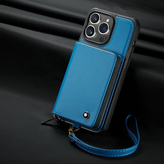 Elehold PU Leather Zipper Pocket Wallet Case for iPhone 14 Pro 6.1 inch RFID Blocking Card Holders Large Capacity Anti-Scratch Detachable Handstrap Shockproof Case,Blue
