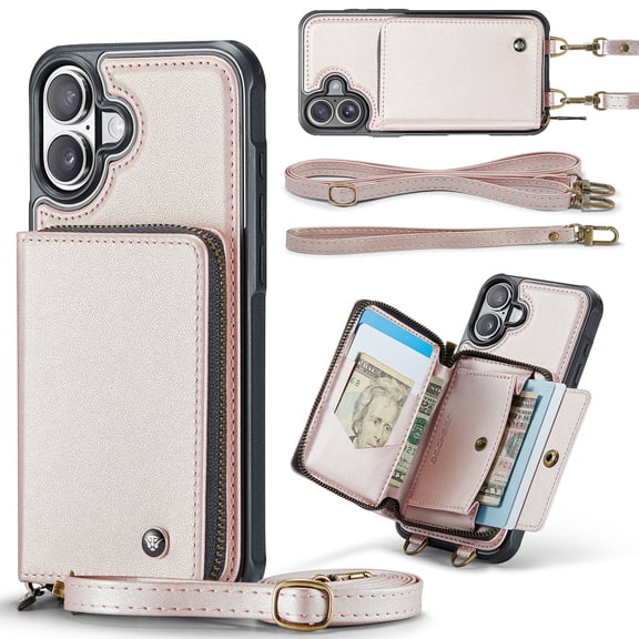 Elehold PU Leather Zipper Pocket Wallet Case for iPhone 16 Plus RFID Blocking Card Holders Large Capacity Anti-Scratch Detachable Handstrap Shockproof Case, Rosegold