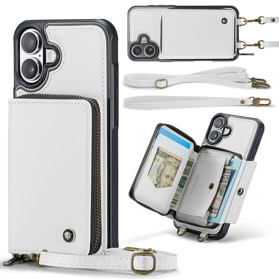 Elehold PU Leather Zipper Pocket Wallet Case for iPhone 16 Plus RFID Blocking Card Holders Large Capacity Anti-Scratch Detachable Handstrap Shockproof Case, White