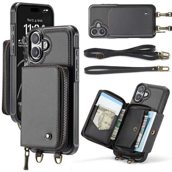 Elehold PU Leather Zipper Pocket Wallet Case for iPhone 16 Plus RFID Blocking Card Holders Large Capacity Anti-Scratch Detachable Handstrap Shockproof Case, Black