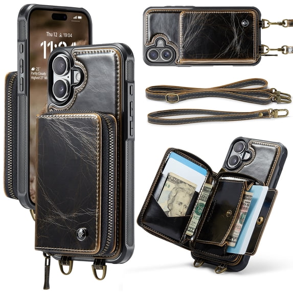 Elehold PU Leather Zipper Pocket Wallet Case for iPhone 16 Plus RFID Blocking Card Holders Large Capacity Anti-Scratch Detachable Handstrap Shockproof Case, Coffee