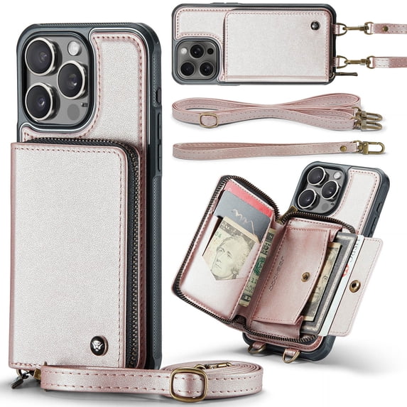 Elehold PU Leather Zipper Pocket Wallet Case for iPhone 16 Pro RFID Blocking Card Holders Large Capacity Anti-Scratch Detachable Handstrap Shockproof Case, Rosegold