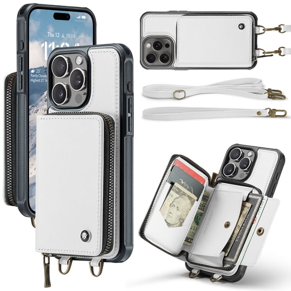 Elehold PU Leather Zipper Pocket Wallet Case for iPhone 16 Pro RFID Blocking Card Holders Large Capacity Anti-Scratch Detachable Handstrap Shockproof Case, White