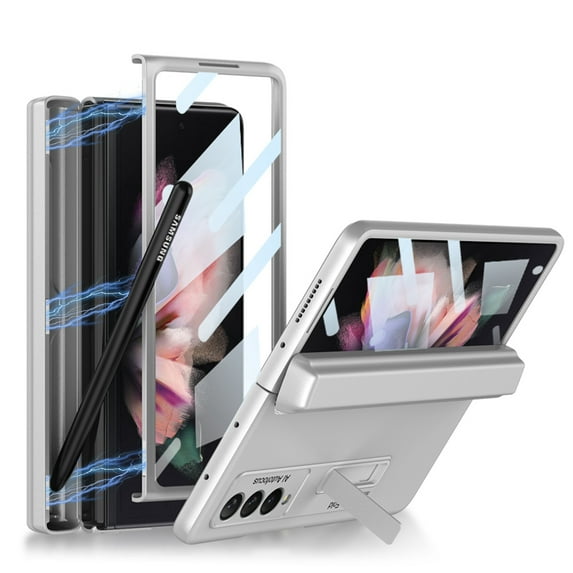 Elehold Rugged Case for Samsung Galaxy Z Fold 4 7.6 inch Case Shockproof Hard PC with Hinge Protection S Pen Holder Magnetic Kickstand Built-in Screen Protector Protective Case,Silver