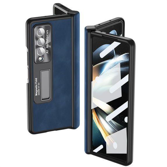 Elehold Rugged Folding hidden Kickstand Case for Samsung Z Fold 4 7.6 inch.PU Leather Hard PC Soft TPU with Shockproof Support Charging Wireless,Blue