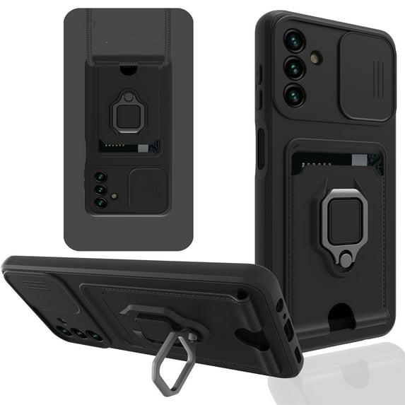Elehold Rugged Slide Camera Cover Case for Samsung Galaxy A13 5G 6.5 inch, Made of Hard PC and Soft TPU, folding hidden form bracket with armor card holder Kickstand Support Magnetic Car, Black