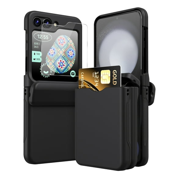 Elehold for Samsung Galaxy Z Flip 5 Case with Hinge Protector & Outer Screen Protector & Card Slot Holder, Slim Hard PC Shockproof Rugged Case for Samsung Galaxy Z Flip 5,Black