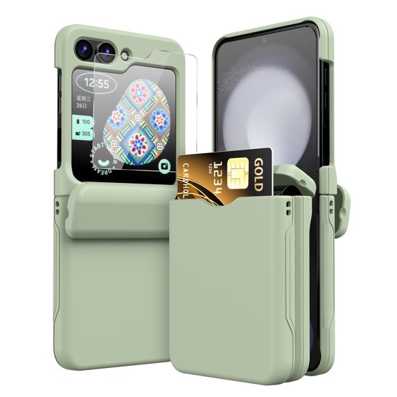 Elehold for Samsung Galaxy Z Flip 6 Case with Hinge Protector & Outer Screen Protector & Card Slot Holder, Slim Hard PC Shockproof Rugged Case for Samsung Galaxy Z Flip 6,Green