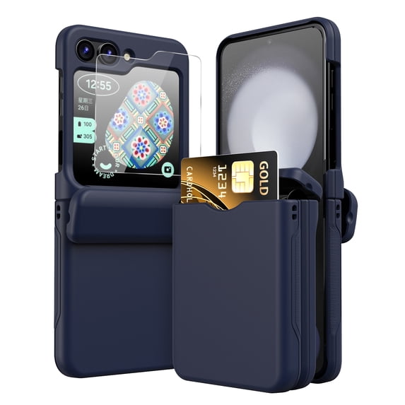 Elehold for Samsung Galaxy Z Flip 6 Case with Hinge Protector & Outer Screen Protector & Card Slot Holder, Slim Hard PC Shockproof Rugged Case for Samsung Galaxy Z Flip 6,Deep Blue
