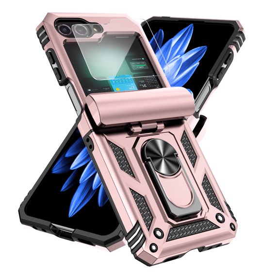 Elehold for Samsung Galaxy Z Flip 6 Case with Screen Protector, Hinge Protection Rugged Protective Phone Case with Rotating Ring Holder Kickstand for Galaxy Z Flip 6 5G,Rosegold