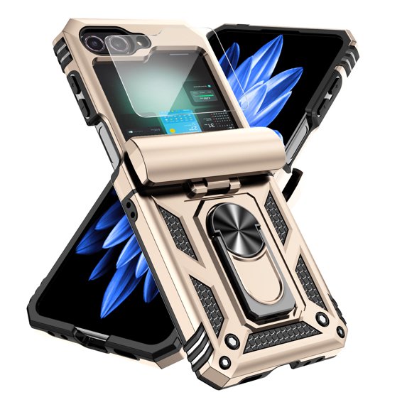Elehold for Samsung Galaxy Z Flip 6 Case with Screen Protector, Hinge Protection Rugged Protective Phone Case with Rotating Ring Holder Kickstand for Galaxy Z Flip 6 5G,Gold
