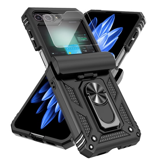 Elehold for Samsung Galaxy Z Flip 6 Case with Screen Protector, Hinge Protection Rugged Protective Phone Case with Rotating Ring Holder Kickstand for Galaxy Z Flip 6 5G,Black