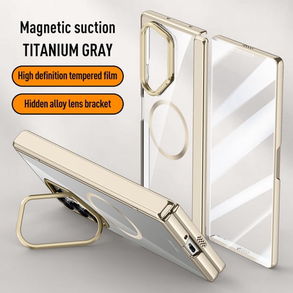 Elehold for Samsung Galaxy Z Fold 6 Case with Hinge Protection & Front Screen Protector & Camera Ring Stand,Samsung Z Fold 6 Magnetic Case Compatible with MagSafe Wireless Charging,Titanium