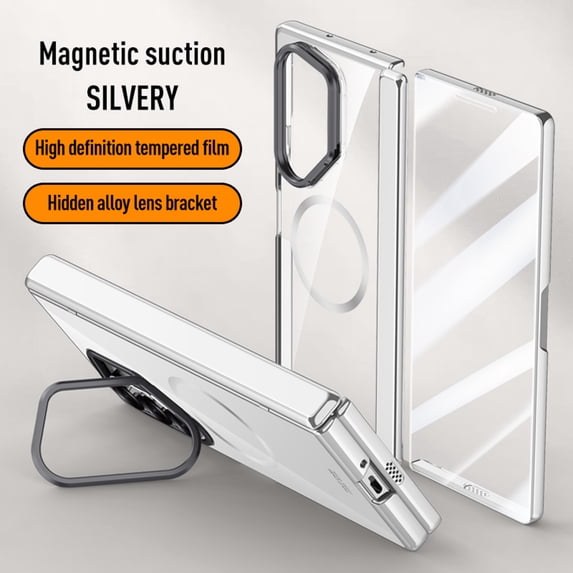 Elehold for Samsung Galaxy Z Fold 6 Case with Hinge Protection & Front Screen Protector & Camera Ring Stand,Samsung Z Fold 6 Magnetic Case Compatible with MagSafe Wireless Charging,Silver