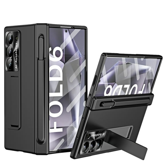 Elehold for Samsung Galaxy Z Fold 6 Case with S Pen & Pen Holder, Magnetic Hinge Protection Z Fold6 Case with Kickstand, Front Screen Protector Film, Compatible with Samsung Galaxy Z Fold 6,Black