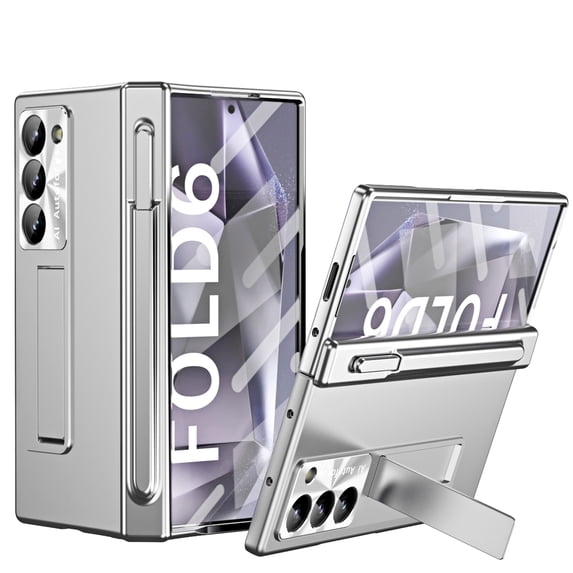 Elehold for Samsung Galaxy Z Fold 6 Case with S Pen & Pen Holder, Magnetic Hinge Protection Z Fold6 Case with Kickstand, Front Screen Protector Film, Compatible with Samsung Galaxy Z Fold 6,Silver