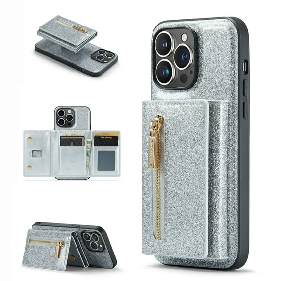 Elehold Zipper Wallet Case for iPhone 14 Pro 6.1 inch Luxury Glitter Bling Leather Design Detachable with Kickstand Shockproof Card Slots Magnetic Clasp wallet,Silver