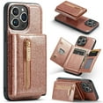 thumbnail image 1 of Elehold Zipper Wallet Case for iPhone 14 Pro Max Luxury Glitter Bling Leather Design Detachable with Kickstand Shockproof Card Slots Magnetic Clasp wallet ,Rosegold, 1 of 9
