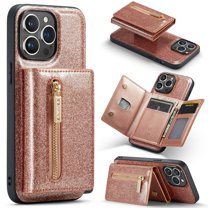 Elehold Zipper Wallet Case for iPhone 14 Pro Max Luxury Glitter Bling Leather Design Detachable with Kickstand Shockproof Card Slots Magnetic Clasp wallet ,Rosegold