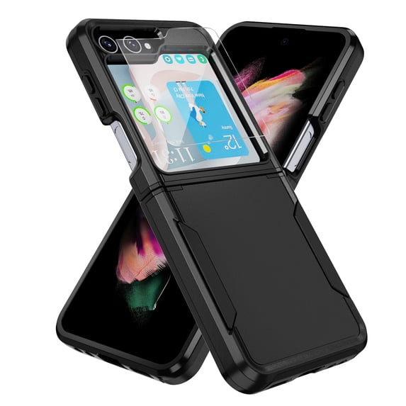 Elehold for Samsung Galaxy Z Flip 6 Case with Screen Protector, Shockproof Slim Rugged Hard PC Protective Phone Case Cover for Galaxy Z Flip 6,Black