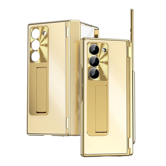 Elehold for Samsung Galaxy Z Fold 6 Case with S Pen & Pen Holder, Aluminum Alloy Z Fold 6 Case Hinge Protection Screen Protector Kickstand,Gold