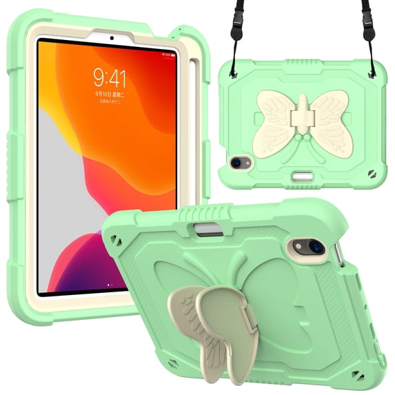 Elehold for iPad mini 7 (A17 Pro)2024/6th Case with Kickstand Butterfly Wings Pencil Holder, Heavy Duty Hard Rugged Protective Cover Kids Girls for iPad mini 7 (A17 Pro)2024/6th,H
