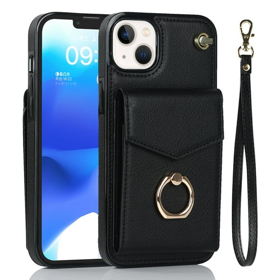 Elehold for iPhone 14 Case Wallet RFID Blocking Organ Card Holder, PU Leather Purse Wrist Lanyard Strap Phone Case with Ring Stand for iPhone 14 2022, Black