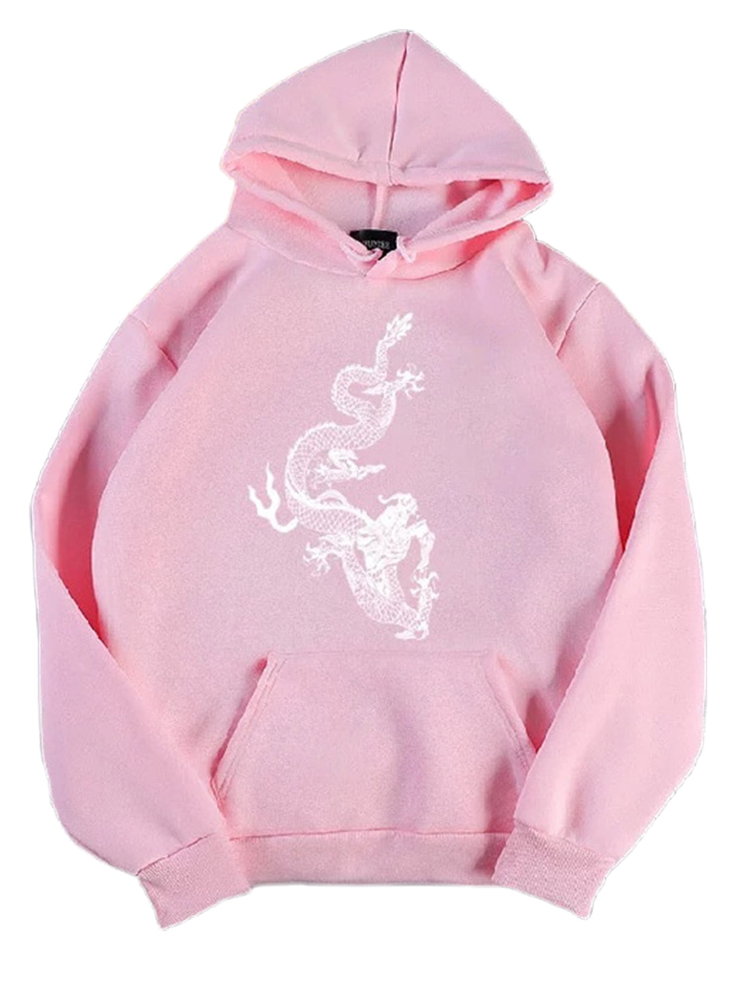 Eleluny Women Loose Hoodies Sweatshirt Pullover Casual Long Sleeve Jumper  Tops White Pink L 