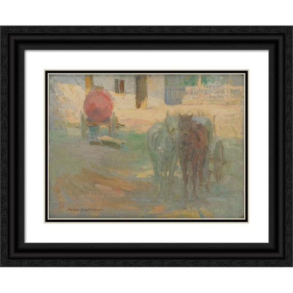 Elemír Halász-Hradil 18x14 Black Ornate Wood Framed Double Matted Museum Art Print Titled - Farm Yard with Yoked Horses (1908)