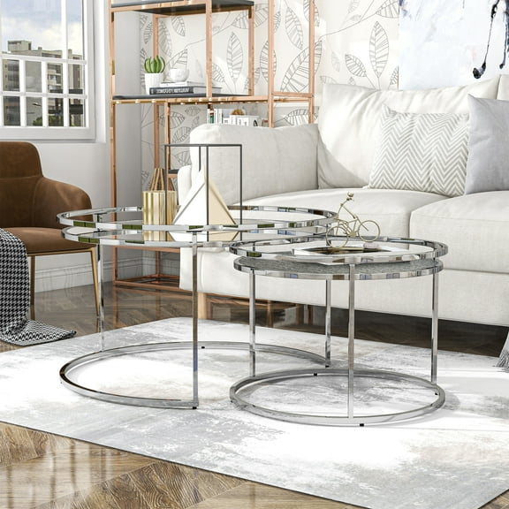 Elema Metal 2-Piece Round Nesting Table Set, Chrome and Clear
