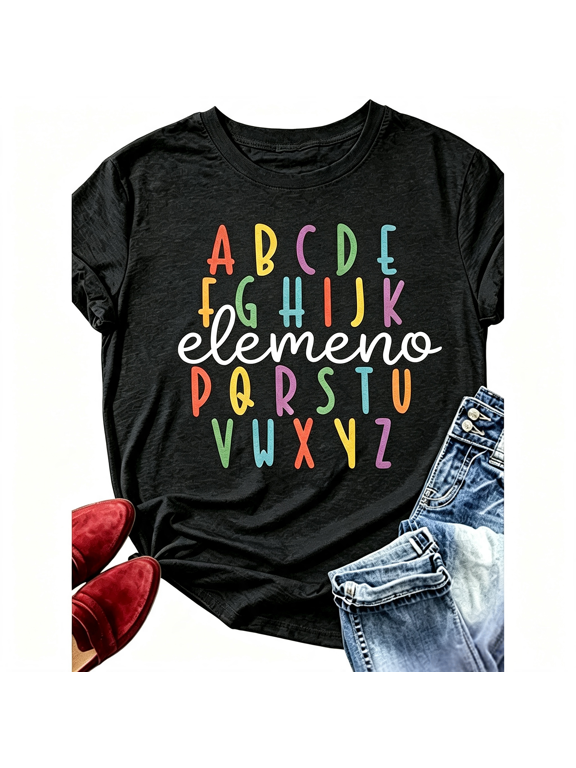 Elemeno ABC Alphabet Graphic T‑Shirt for Women, Retro Colorful Teacher Casual Short Sleeve Back To School Tee