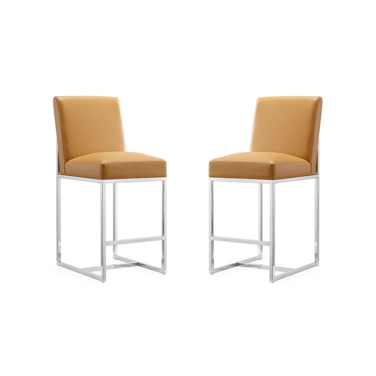 Camel Faux Leather & Chrome Geometric Counter Stool, Set of 2