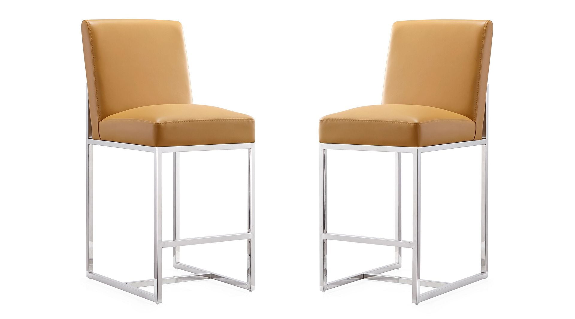 Camel Faux Leather & Chrome Geometric Counter Stool, Set of 2