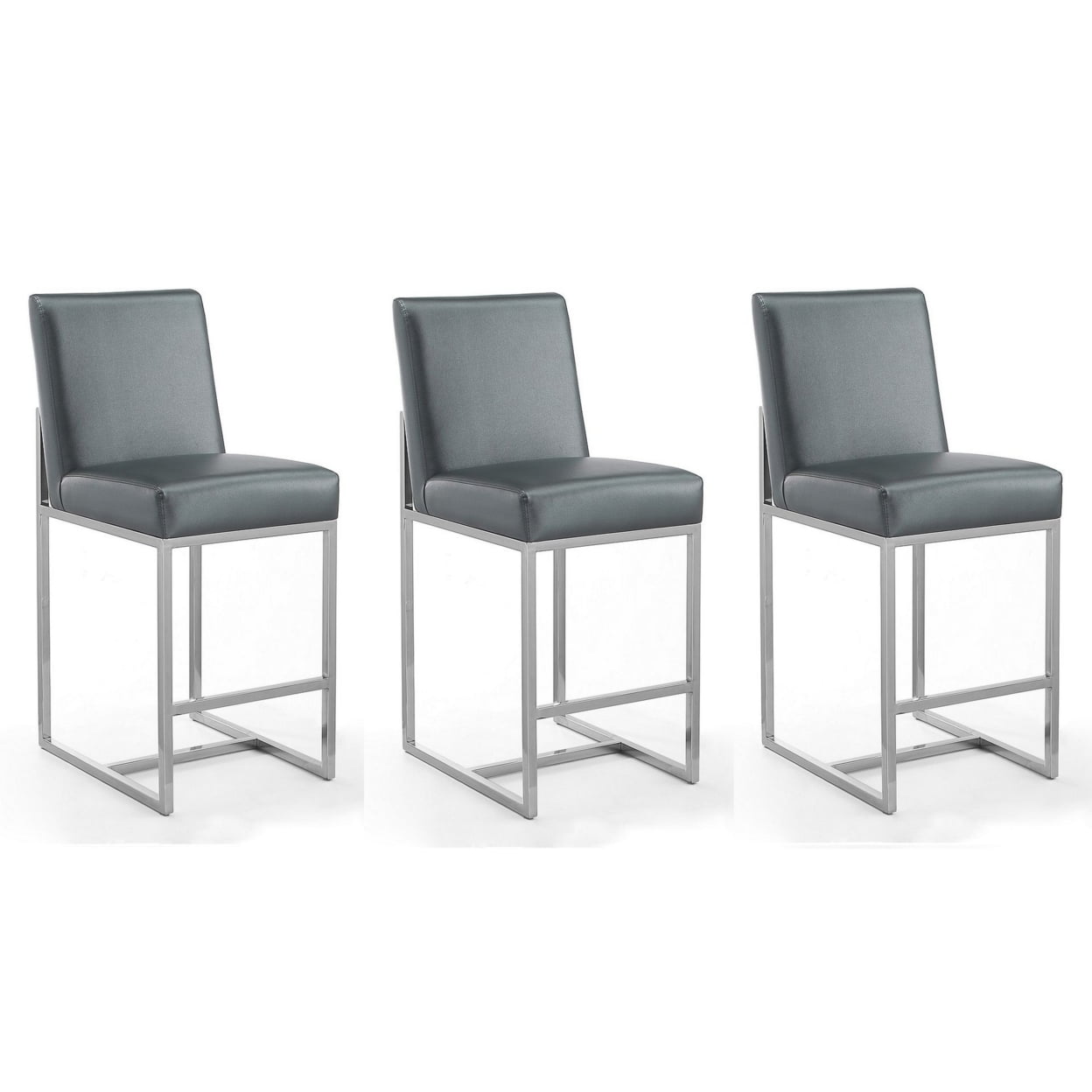 Graphite Faux Leather and Chrome Counter Stools, Set of 3