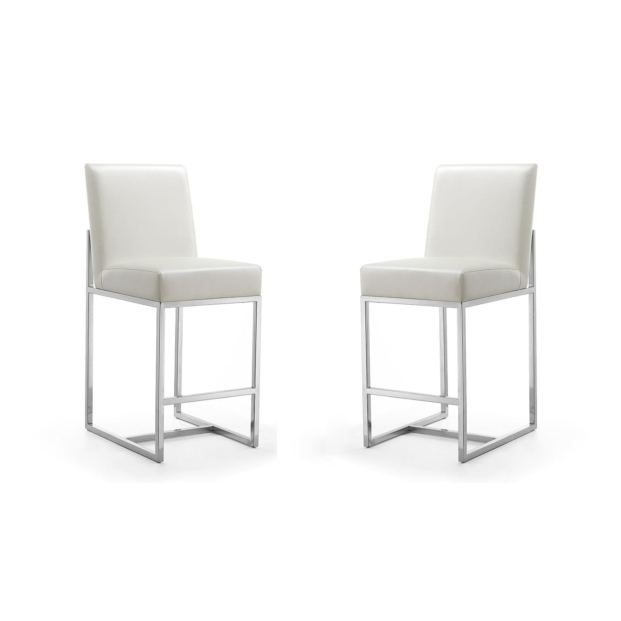 Pearl White Polished Chrome Metal Counter Height Barstools, Set of 2