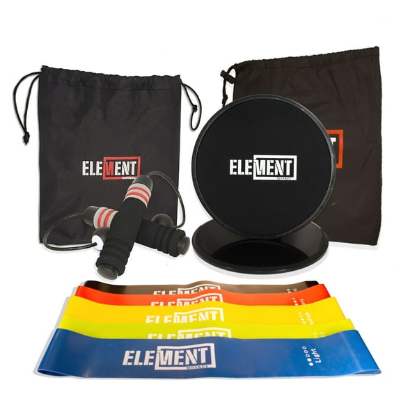 Element Monkey Cordless Weighted Jump Rope, Core Disc Sliders,& 5 Exercise Resistance Loop Bundle, Comparable to Beachbody BOD Rope & 80 Days Obsession , WOD, Boxing, Endurance, MMA Training Fitness