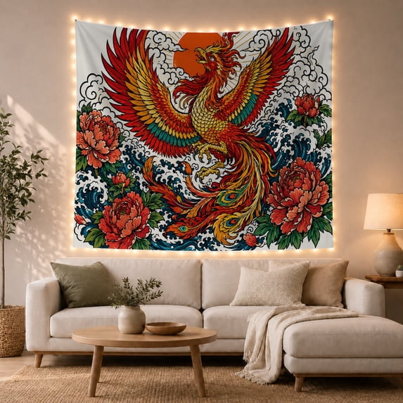 Element Mythical Bird with Resembling Phoenix Body, Serene Japanese Inspired for Japanese Art Lovers, Wall Decor, Mother'S Day Gift, Tapestry Wall Hanging for Dorm and Living Room