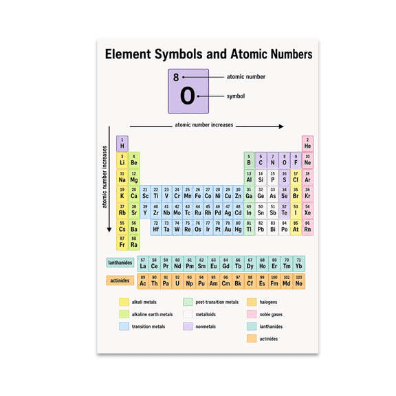 Element Symbols and Atomic Numbers Educational Reference - Chemistry Students - 13x19 Poster Print