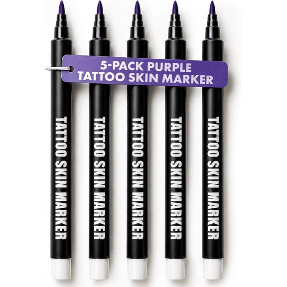 Element Tattoo Pen Marker for Skin - Body & Face Surgical Stencil Temporary Markers Safe Washable Scribes Tattooing Piercing Sketching Freehand Drawing Purple Bold Tip 5 Pack