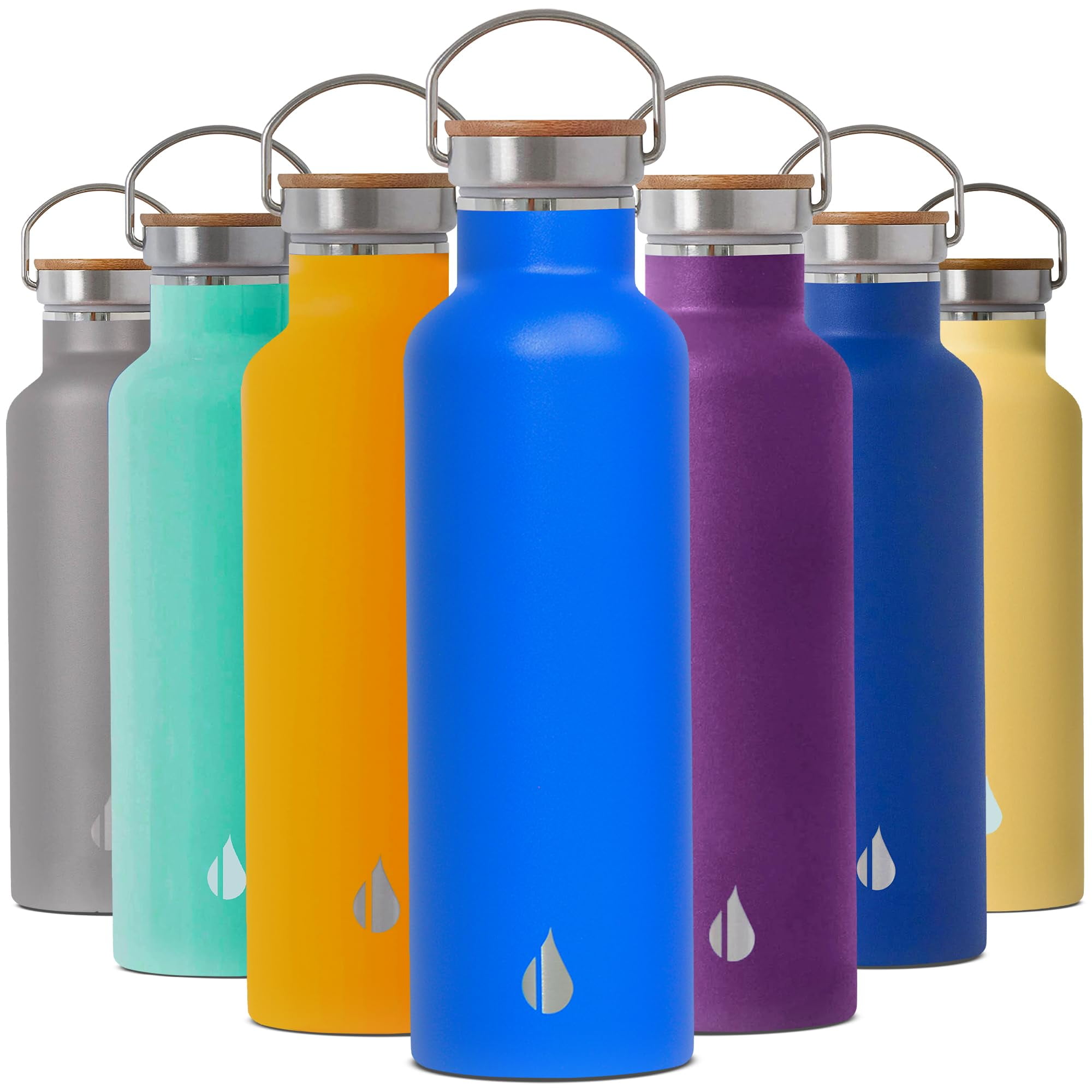 Elemental Classic Insulated Water Bottle, Leak Proof Thermos Water Bottle with Bamboo Lid and Metal Ring, Reusable Insulated Stainless Steel Water Bottle, 25oz - Azure