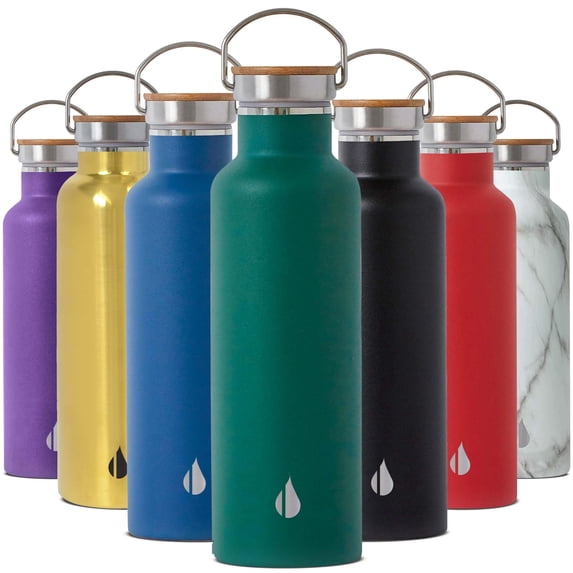 Elemental Classic Insulated Water Bottle, Leak Proof Thermos Water Bottle with Bamboo Lid and Metal Ring, Reusable Insulated Stainless Steel Water Bottle, 25oz - Forest Green
