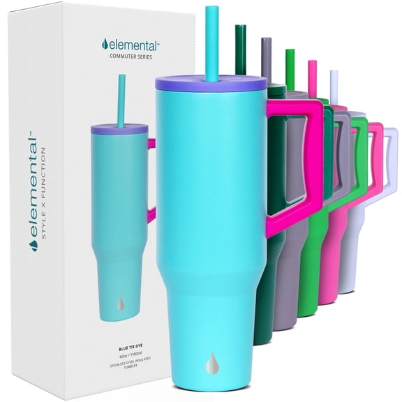 Elemental Commuter 40 oz Tumbler with Handle and Straw Lid | Travel Coffee Mug Spill Resistant | Insulated Cup Stainless Steel Tumblers for Water, Smoothies, Milkshake and More | Blue Tie Dye