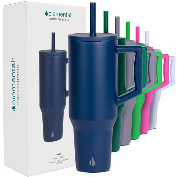 Elemental Commuter 40 oz Tumbler with Handle and Straw Lid | Travel Coffee Mug Spill Resistant | Insulated Cup Stainless Steel Tumblers for Water, Smoothies, Milkshake and More | Navy Blue